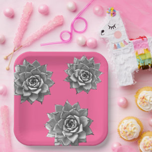 Succulent Waterverf Grijs op Hot Pink Papieren Bordje