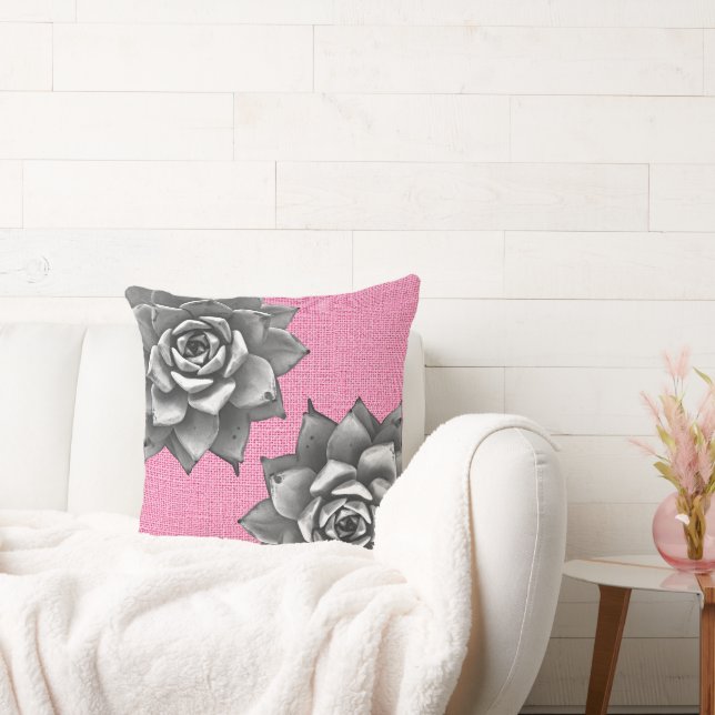 Succulent Waterverf Grijs op Roze Kussen (Bank)