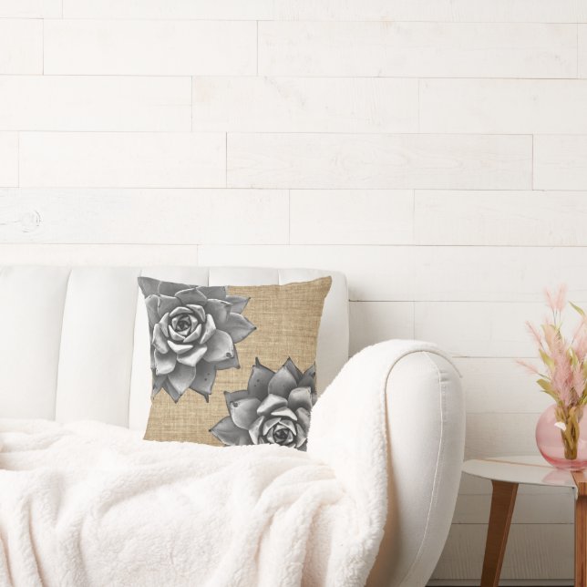 Succulent Waterverf grijs op Tan Burlap Kussen (Bank)