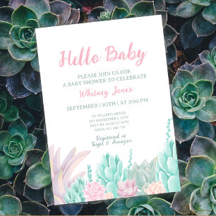 Succulent Waterverf Roze & Mint Meisje Baby shower Kaart