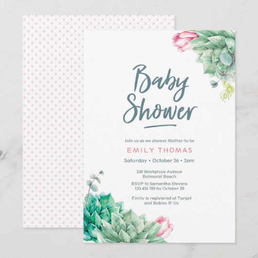 Succulente bloemen Meisje Baby shower Uitnodiging (Voorkant / Achterkant)