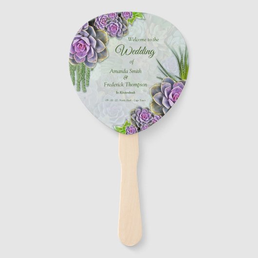 Succulente boeketten' voor een tuinbruiloft handwaaier (Voorkant)