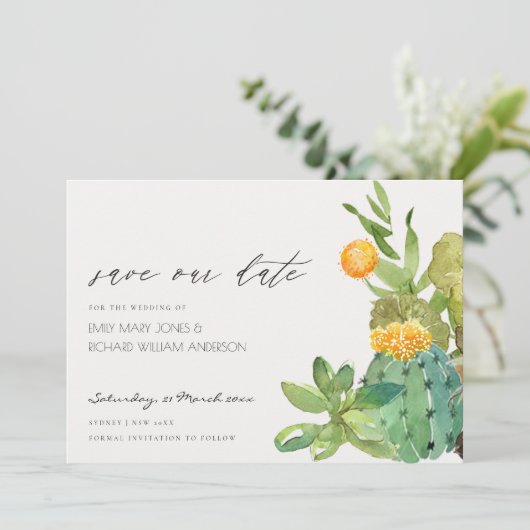 Succulente Cacti Yellow Fauna Save the Date Invite Bedankkaart (Staand voorkant)