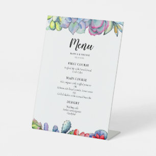 Succulente cactus waterverf bruiloft menu reclamebord met voetstuk