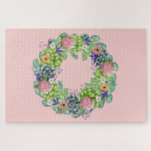 Succulente Waterverf Floral Wreator op roze Legpuzzel