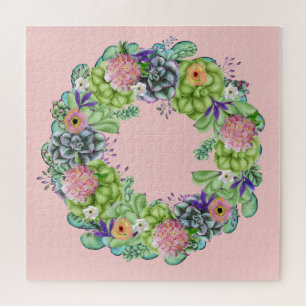 Succulente Waterverf Floral Wreator op roze Legpuzzel