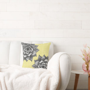 Succulente Waterverf Grijs op Geel Kussen