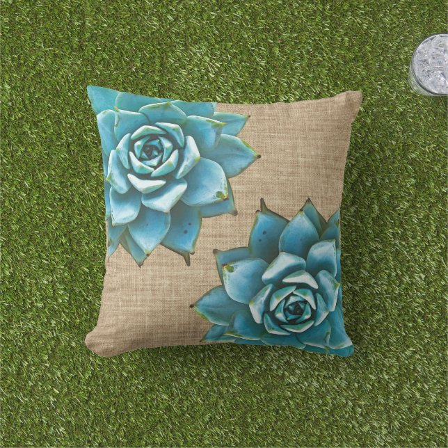 Succulente Waterverf op Tan Burlap Buitenkussen (Gras)