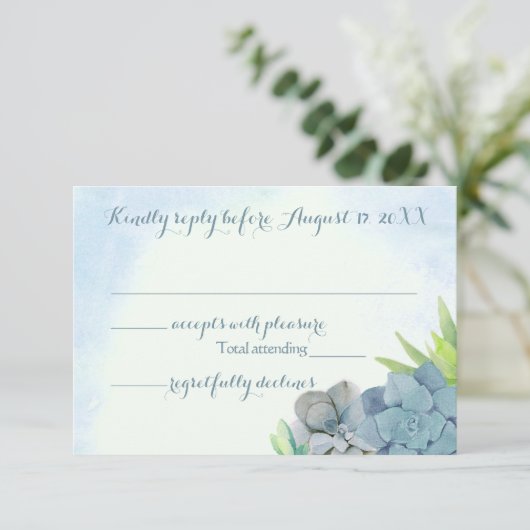 Succulenten Bruiloft Blauwe Waterverf RSVP (Staand voorkant)