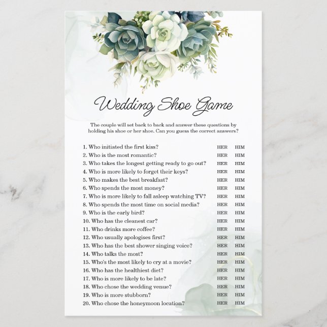 Succulenten Bruiloft of Koppels Douche Schoen Spel (Voorkant)