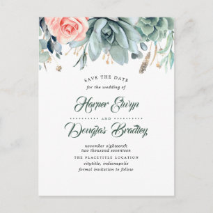 Succulenten en Pink Rose Botanical Save the Date Aankondigingskaart