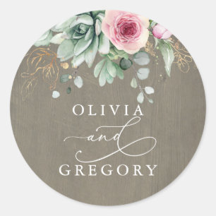 Succulenten en roze bloemen Rustic Wedding Ronde Sticker