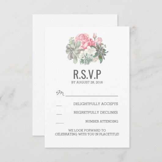 Succulenten en roze bloemetjes bruiloft RSVP kaart (Voorkant / Achterkant)