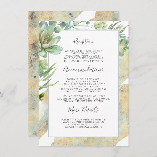 Succulenten groen goud bruiloft informatie informatiekaartje (Voorkant / Achterkant)