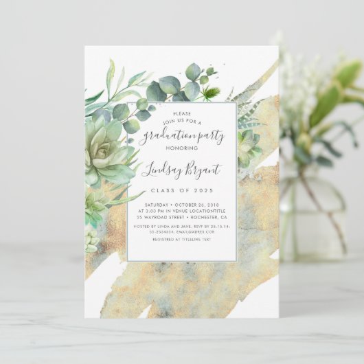 Succulenten Groen Goud Waterverven Afstuderen Kaart (Staand voorkant)