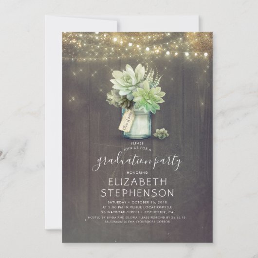 Succulenten Groen Mason Jar Rustiek Afstuderen Kaart (Voorkant)