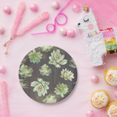 Succulenten groen rustiek hout bruiloft papieren bordje (Feest)