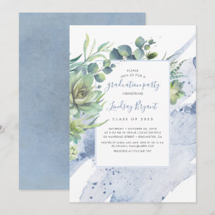 Succulenten Groen Stoffig Blauw Graduation Party Kaart