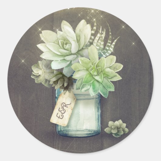 Succulenten Mason Jar Rustieke Bruiloft Initialen Ronde Sticker (Voorkant)