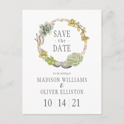 Succulenten, Twigs en Stenen | Datum opslaan Briefkaart (Voorkant)