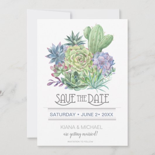 Succulents and Sparkle Save the Date Blue ID515 Kaart (Voorkant)