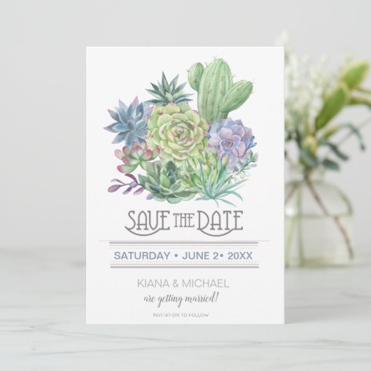 Succulents and Sparkle Save the Date Blue ID515 Kaart (Staand voorkant)