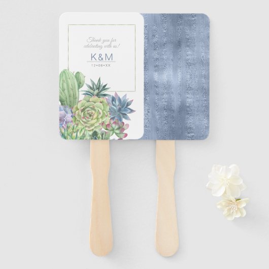 Succulents and Sparkle Wedding Blue ID515 Handwaaier (Voorkant en achterkant)