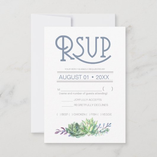 Succulents and Sparkle Wedding RSVP Blue ID515 (Voorkant)