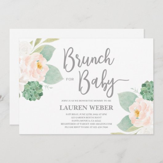 Succulents baby shower brunch fille Invitation (Devant / Derrière)