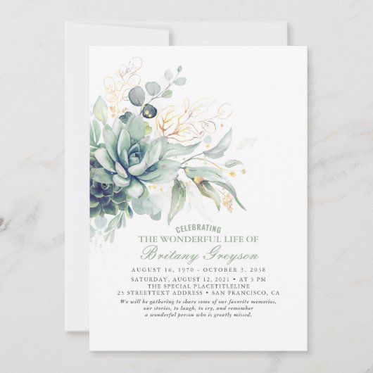 Succulents Celebration of Life Memorial Funeral Kaart (Voorkant)