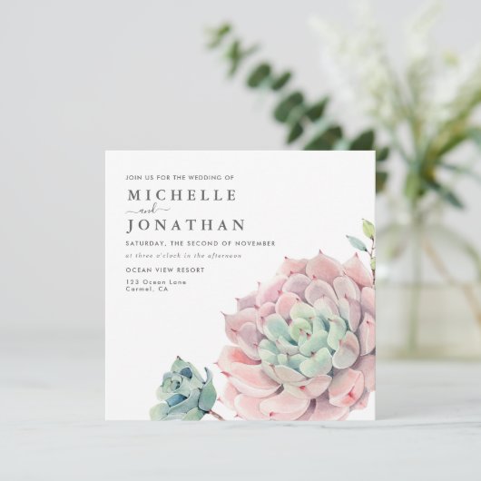 Succulents doux Faire-part de mariage rose vert (Debout devant)