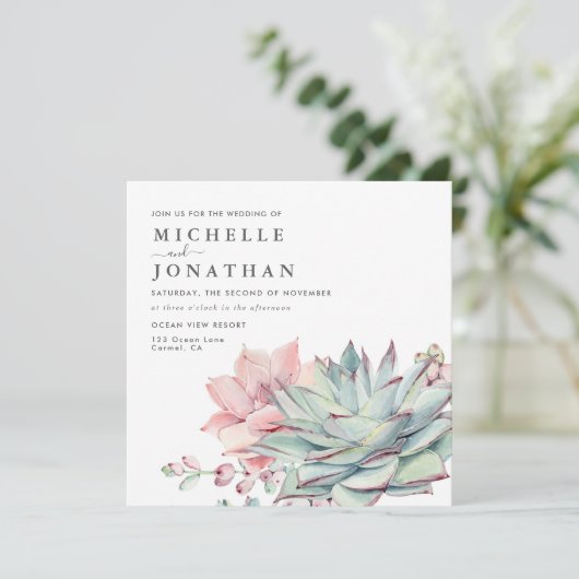 Succulents doux Faire-part de mariage rose vert (Debout devant)