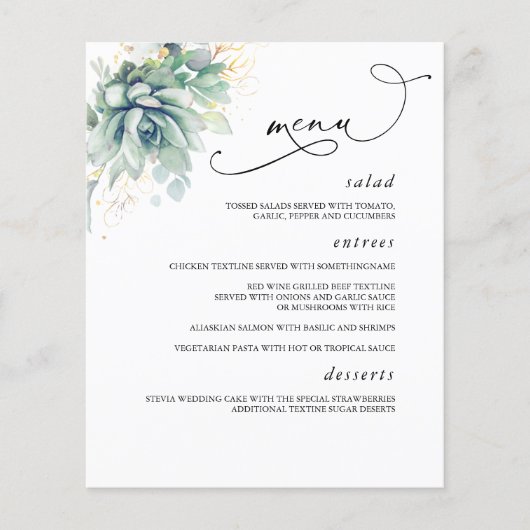 Succulents Gold Greenery Wedding Menu (Voorkant)