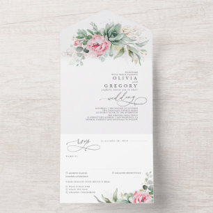 Succulents Greenery and Pink Flowers Boho Wedding All In One Uitnodiging