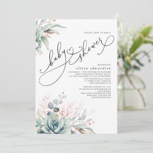 Succulents Greenery Cute Elegant Baby shower Kaart (Staand voorkant)