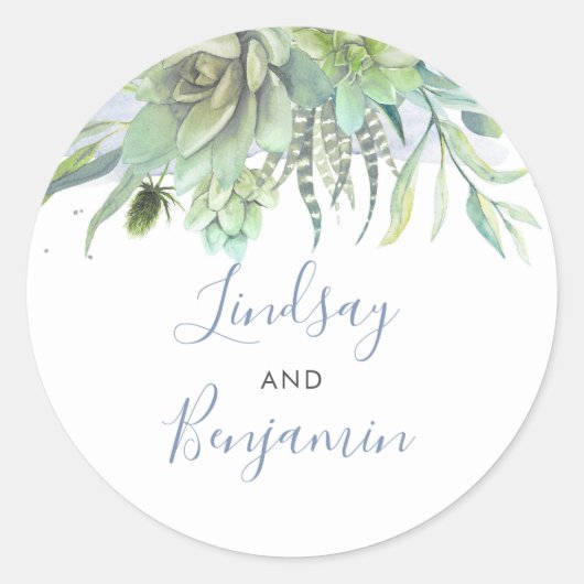 Succulents Greenery Dusty Blue Wedding Ronde Sticker (Voorkant)