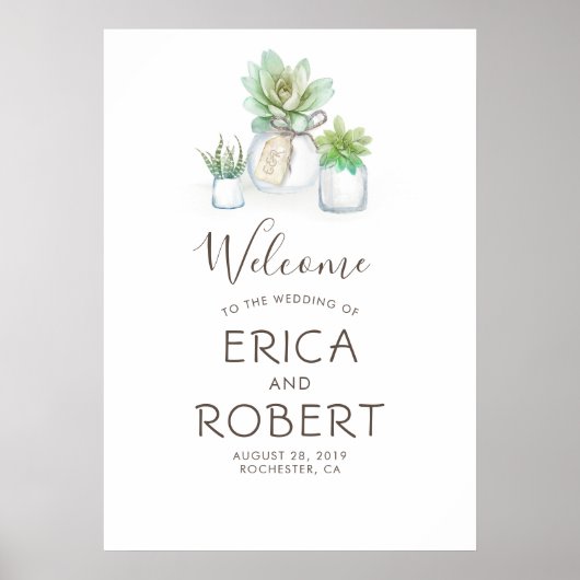 Succulents Greenery Mason Jars Rustic Wedding Poster (Voorkant)