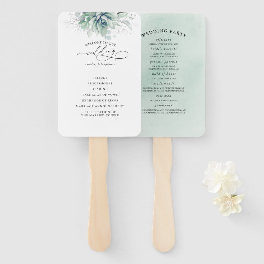 Succulents Greenery Wedding Programme Hand Fan Handwaaier (Voorkant en achterkant)