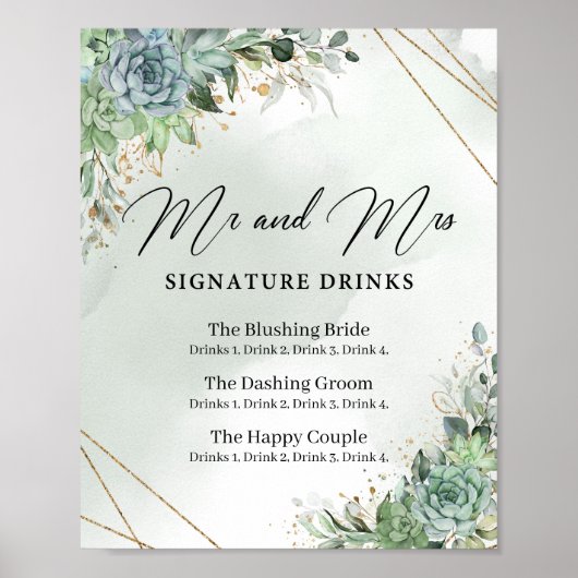 Succulents Mr. and Mrs. signature drink sign. Poster (Voorkant)
