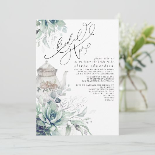 Succulents Silver Greenery Vrijgezellenfeest Tea P Kaart (Staand voorkant)