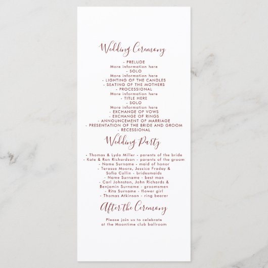 Succulents Verdure Bourgogne Red Wedding Programme (Dos)