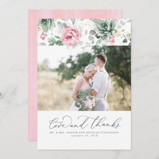 Succulents Verdure Élégant Mariage rose Merci (Devant / Derrière)