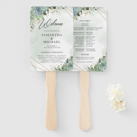 Succulte eucalyptus bruiloft programma hand fan handwaaier (Voorkant en achterkant)