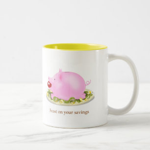 Suckling Piggy Bank op een Bord van geld Tweekleurige Koffiemok