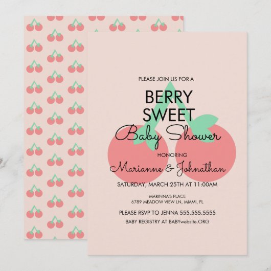 Sucre Cerises Fruit Rose Baby shower Invitation (Devant / Derrière)