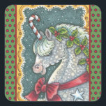 SUCRE DE CANNE CHRISTMAS UNICORN, STICKERS EN PONY<br><div class="desc">PETIT PETIT PEPPERMINT ET HOLLY UNICORN. BALEINES EN PONI DE NOËL,  Carré,  Bordure en Pointe Vert/Rouge *Personnaliser ... Chercher Les Articles Correspondants Susan Brack Design</div>