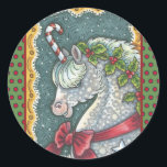 SUCRE DE CANNE CHRISTMAS UNICORN, STICKERS EN PONY<br><div class="desc">PETIT PETIT PEPPERMINT ET HOLLY UNICORN. BALEINES EN PONI DE NOËL,  Bordure de points ronds,  verts/rouges *Personnaliser ... Rechercher les articles correspondants Susan Brack Design</div>