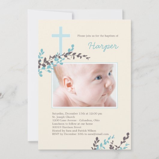 Sucres Branches Christening Invitation - Bleu (Devant)