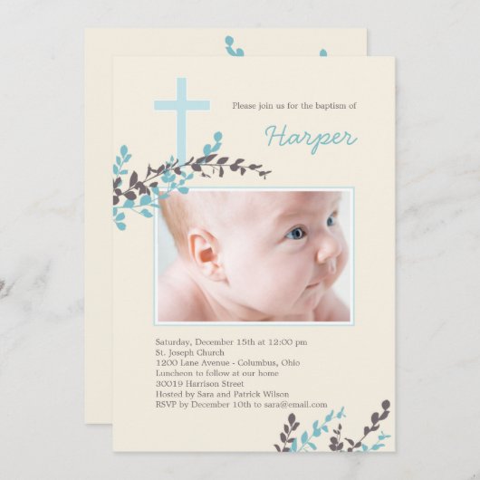 Sucres Branches Christening Invitation - Bleu (Devant / Derrière)