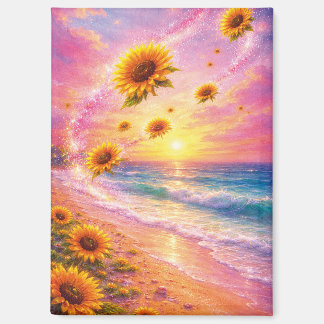 Sueño Marino de Girasoles: Atardecer en la Playa Magneet